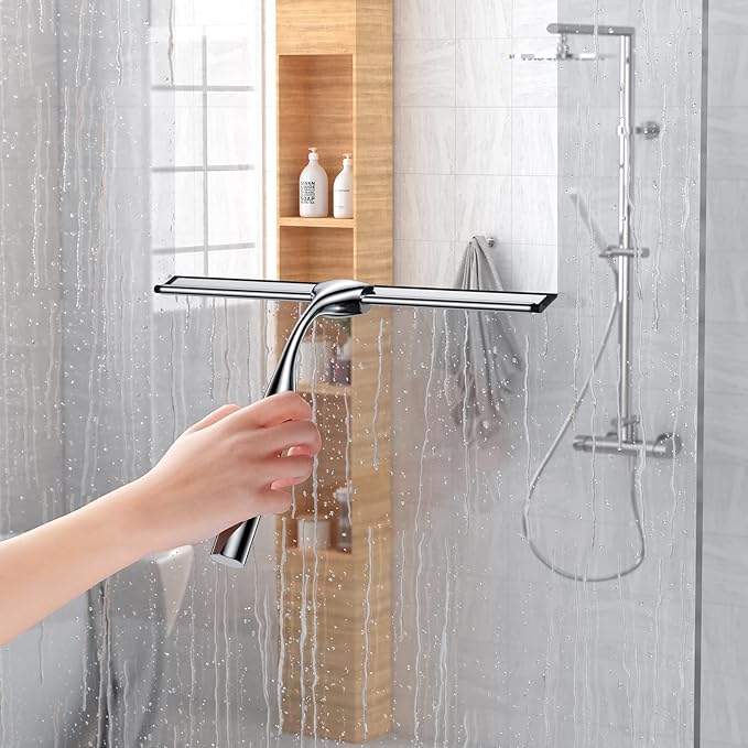 Stainless Steel Squeegee for Shower Glass Doors, 10-Inch All-Purpose Squeegee with Replacement Blade and Matching Hooks Holder, Silver