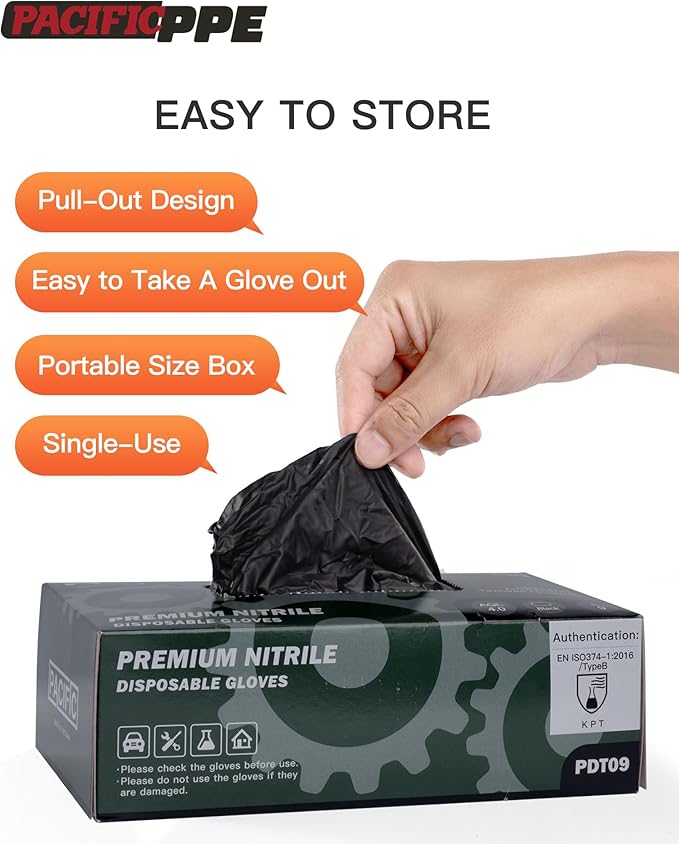 PACIFIC PPE Black Nitrile Disposable Gloves, 6 Mil, Food-Safe, Cooking & Cleaning, Powder-Free, Heavy-Duty, Textured Fingertips, 100 Count, XL