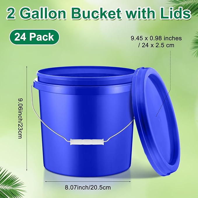 Tioncy 24 Pcs 2 Gallon Plastic Bucket with Lid Heavy Duty 2 Gallon Bucket Pail with Lid Handle for Storage Container Home Household Cleaning (Blue)