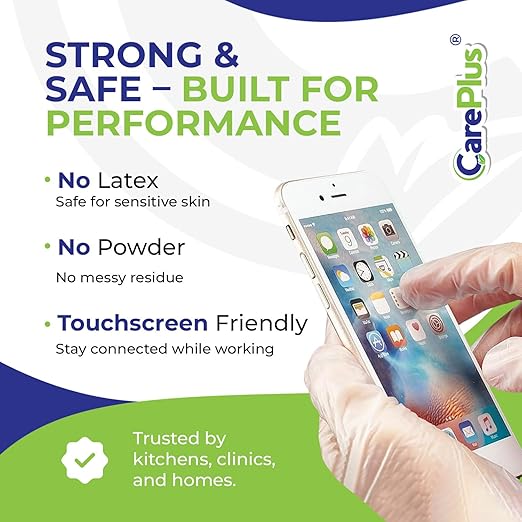 CARE PLUS Vinyl Gloves Clear Medium Size 100 Count | Heavy Duty, Non-Sterile, Powder-Free, Latex-Free Rubber | Food Prep, Kitchen & Cleaning Gloves, Ideal for Professional Use