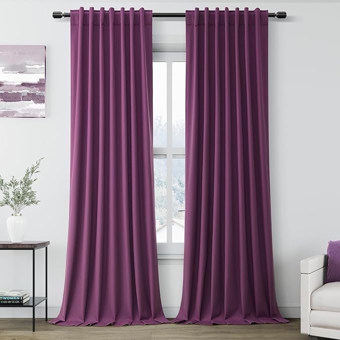 Nanspring Full Blackout Linen Purple Curtains 90 Inches Long for Living Room Patio Sliding Door Back Tab 100% Black Out Bedroom Curtains Boho Elegant Modern Window Curtain Panels Set of 2 52x90 Inch