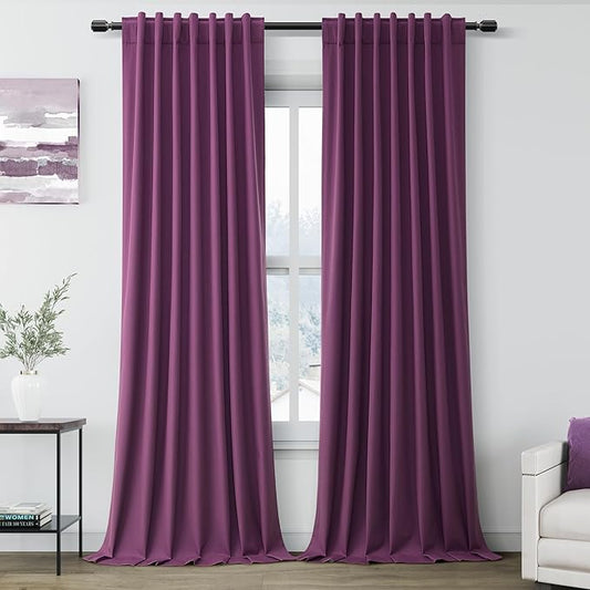 Nanspring Full Blackout Linen Purple Curtains 90 Inches Long for Living Room Patio Sliding Door Back Tab 100% Black Out Bedroom Curtains Boho Elegant Modern Window Curtain Panels Set of 2 52x90 Inch