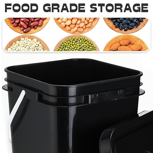Vesici 12 Pcs Black 5 Gallon Square Bucket Pail with Plastic Handle and Lid Heavy Duty Storage Food Container with DIY Label Sticker for Food Multipurpose Paint Water Art Crafts Project