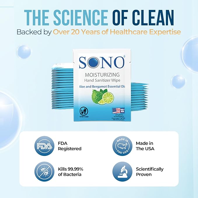 SONO Bergamot & Aloe Moisturizing Hand Sanitizer Wipes - TSA-Approved Travel Size Individual Packs for On-the-Go Hygiene & Cleansing - Alcohol-Free Antibacterial for Hands & Surfaces
