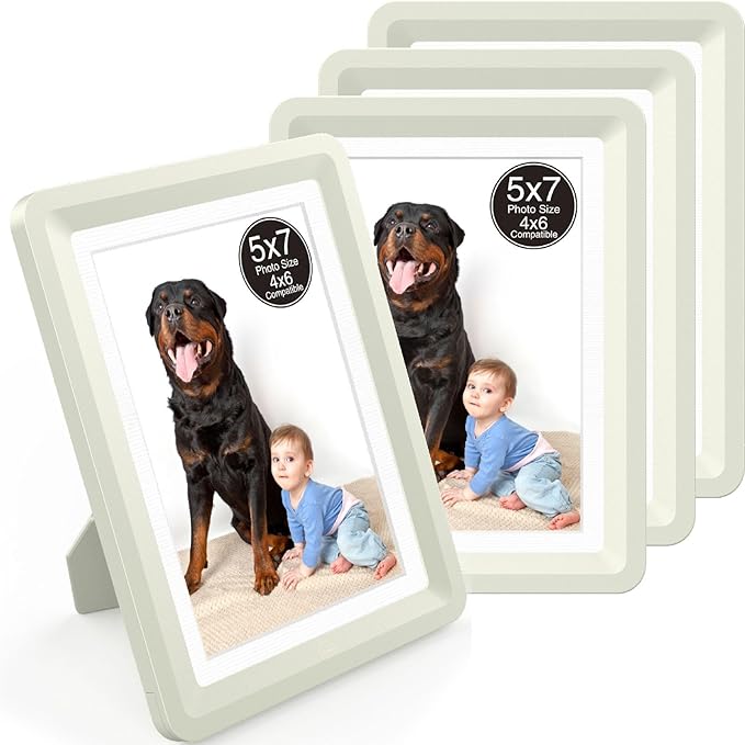 4-Pack 5x7 Picture Frame or 4x6 with Mat – Shatterproof Plastic Photo Frame for Family, Nursery, and Playroom, Wall & Tabletop Picture Frames for Home, Office, Safe & Lightweight Design in Cloud Gray