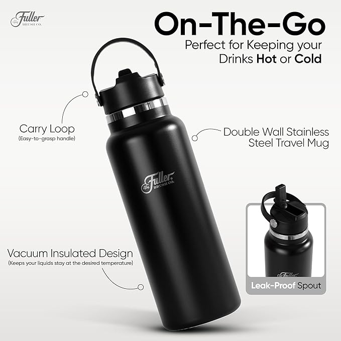 Fuller Stainless Steel Water Bottle with Straw Lid – BPA-Free, Sweat-Proof, Leak-Proof Travel Mug – Double Wall Insulated for Hot & Cold Drinks – Carry Handle (Black, 40 Oz.)