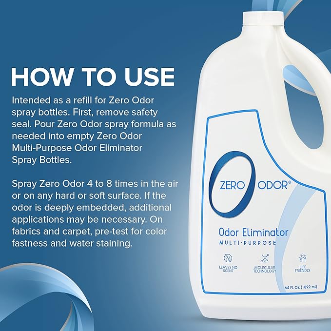 Zero Odor - Multi-Purpose Strong Odor Eliminator for Home, Office, Car, Bathroom, Hotel, Room Deodorizer, and Odor Neutralizer, 64oz Refill