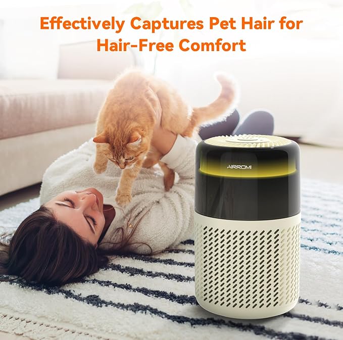 AIRROMI Air Purifier for Bedroom Home,HEPA Filter,Covers Upto 549 Ft²,Quiet 360°intake Air Cleaner with Fragrance ponge for Better Sleep,Night Light,Filters Smoke,Pet Dander,Allergies,Dust,A2005Yellow
