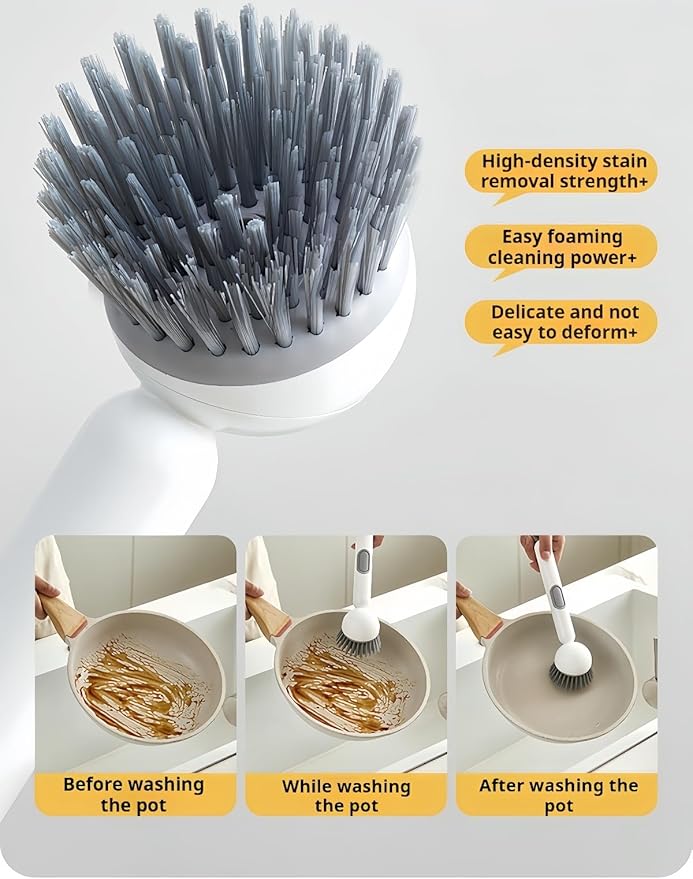 Adjustable Dish Brush with Soap Dispenser, Non-Scratch PET Bristles, Ergonomic Handle, Kitchen Cleaning Tool for Pots, Pans & Sink (Yellow, Long-1 Piece)