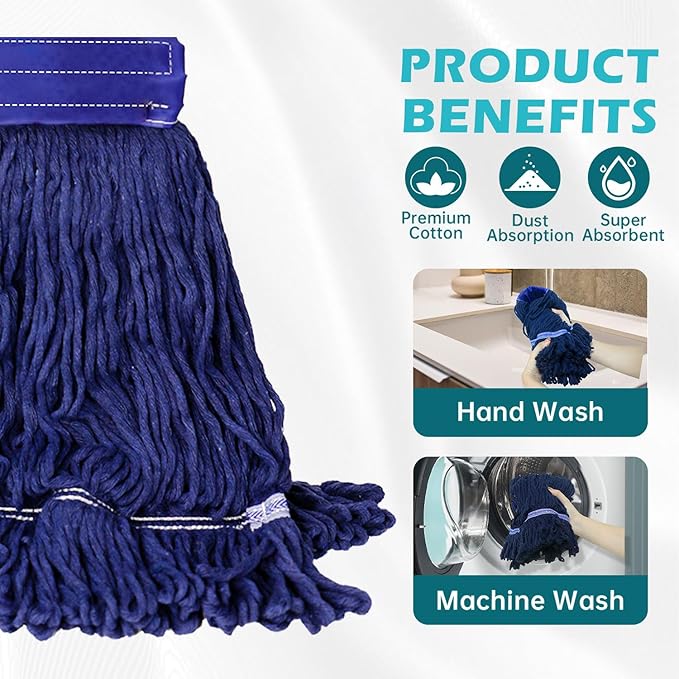 6 Pack Mop Head Replacement Heavy Duty Mop for Floor Cleaning, Wet Industrial Cotton Looped End String Cleaning Mop Head Refill for Home/Industrial/Commercial Cleaning (Blue)