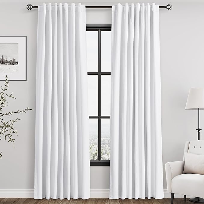 White Linen Blackout Curtains 86 Inches Long, 2 Panels Set for Living Room Back Tab Modern Cotton Textured Pure White Black Out Curtains Heating Blocking Curtain Panels for Bedroom Nursery Kids