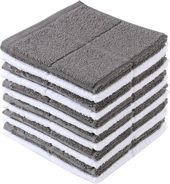 Glynniss Dishcloths Kitchen Highly Absorbent Dish Rags 100% Cotton Dish Cloths for Washing Dishes (Grey White)