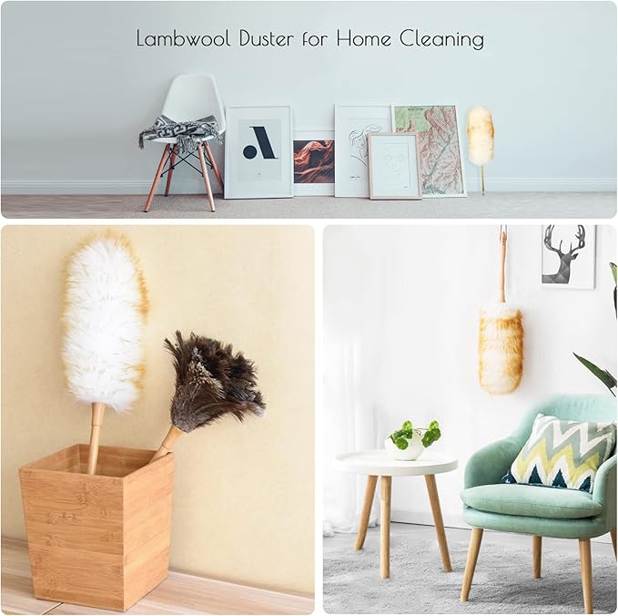 Lambswool Duster 14'' Length Solid Wooden Handle Leather Hang Strap for Cleaning Ceiling Fans Window Blinds Computer Furniture Figurines TV Natural Feather Duster,Pink