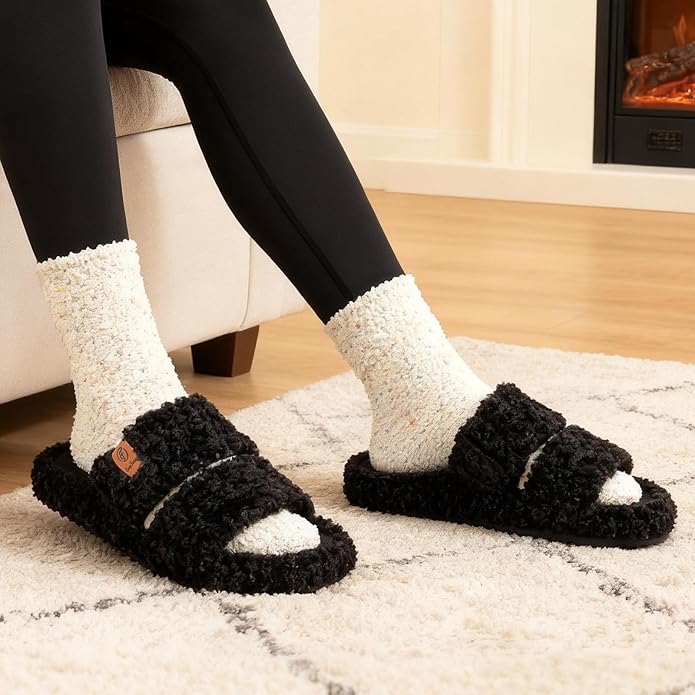EverFoams Womens Fuzzy Open-toe Slippers Soft Comfy Memory Foam Indoor House Shoes