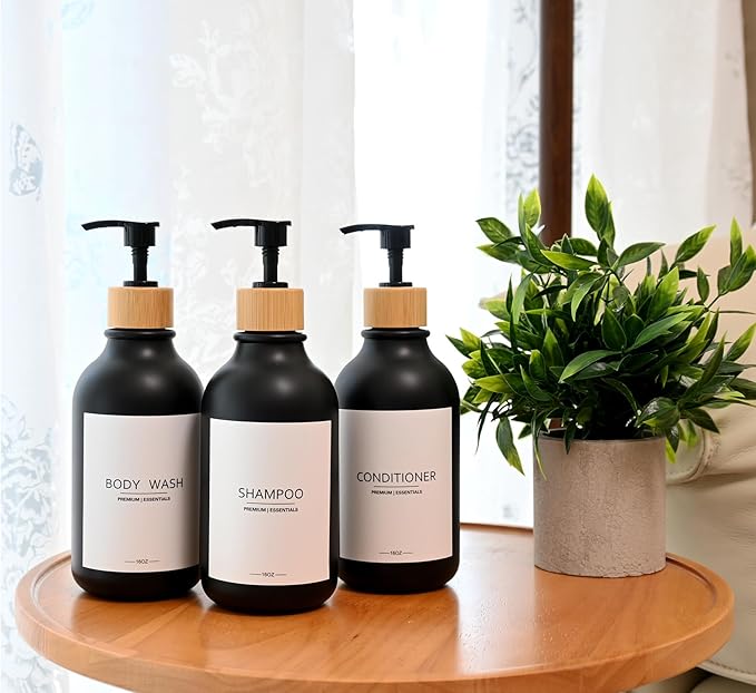 Frosted Plastic Shampoo and Conditioner Bottles, Apothecary Dispenser Bamboo Pump, Refillable Bottles for Shower Lotion, Oil, Hand Soap, Sanitizer, Liquid Soap, Set of 3 with 9 Labels (3, Matte Black)