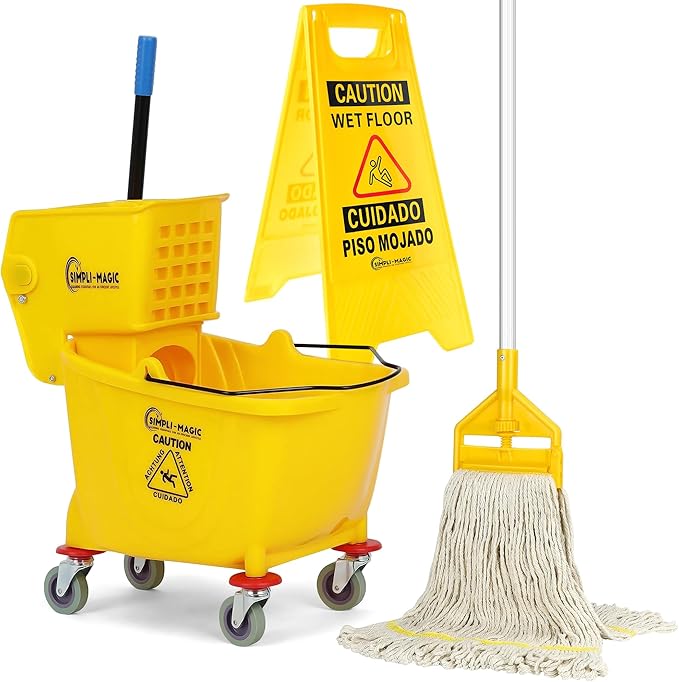 Simpli-Magic Side Press Wringer Combo Commercial Mop Bucket on Wheels, 35 Quart,Yellow, Including Wet Floor Caution Sign and Mop Set
