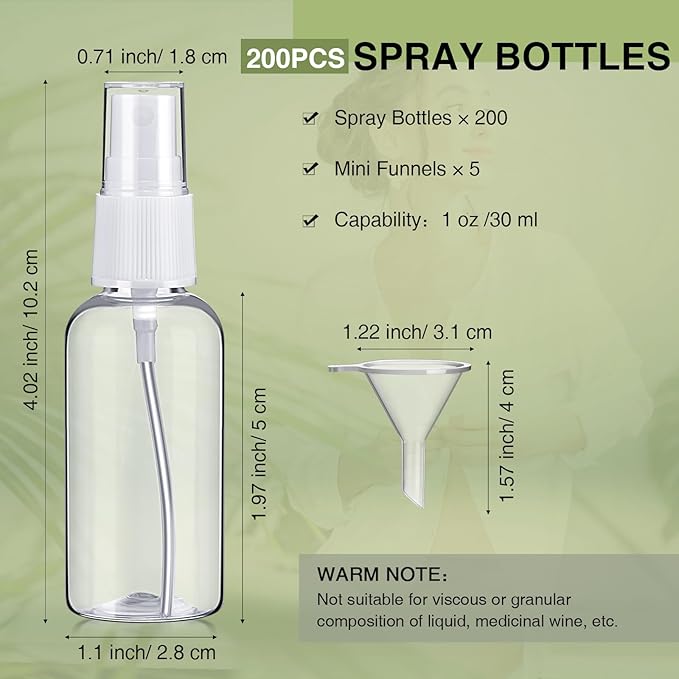 Uiifan 200 Pcs Mini Clear Spray Bottles 1 oz Small Empty Plastic Fine Mist Spray Bottles with Small Funnels for Essential Oils Travel Alcohol Perfumes