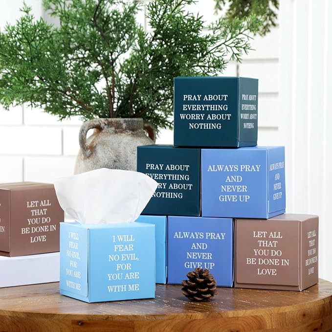 12 Pack Bible Verse Facial Cube Tissues Boxes 600 Sheets 3 Ply Small Christian Square Face Tissues Bulk for Thanksgiving Christmas Day Car Bedroom Supplies