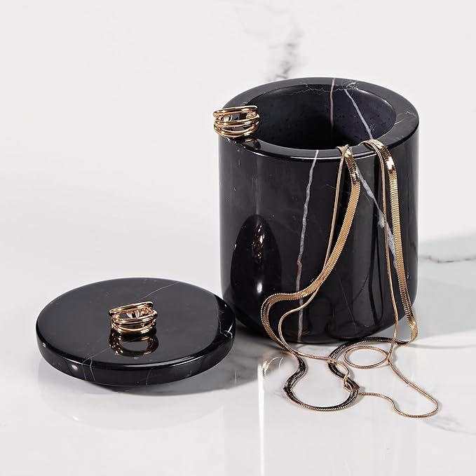 Black Natural Marble Storage Jar with Lid, 3 Inch Dia 3.5 Inch Ht Elegant Stone Canister, Damp-Proof Cosmetic Container for Cotton Swabs, Jewery, Bathroom Bath Salt, Kitchen Jar for Sugar, Coffee