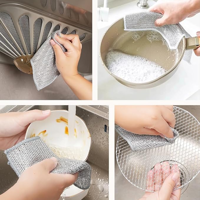 Multipurpose Wire Dishwashing Rags for Wet and Dry, 2025 Upgrade Non Scratch Metal Wire Dishcloth, Reusable Premium Metal Scrubbing Pads Sponge Clean for Home Kitchen Stove Tops (10Pcs)