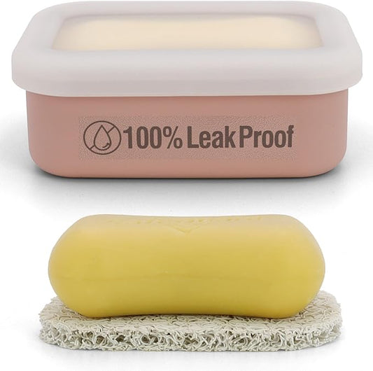 Compact Leakproof Travel Soap Case, Silicone Travel Soap Container, Portable Soap Box with Drainage Layer, Shatterproof Soap Holder for Bathroom, Gym (Pink)