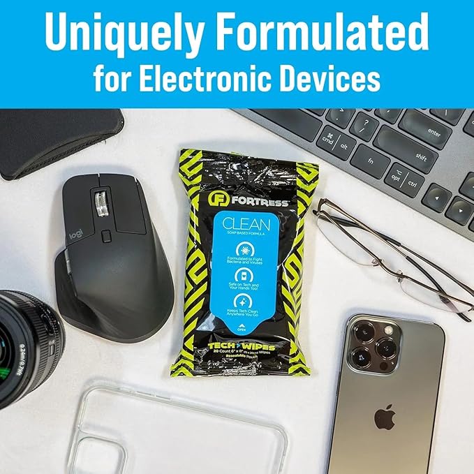 Fortress Electronic Wipes (25 ct, Pack of 3) To-Go Tech Wipes for Screens, Phones, Keyboards, TV Monitors, Computer Screens, and More [Travel Size] Skin-Safe