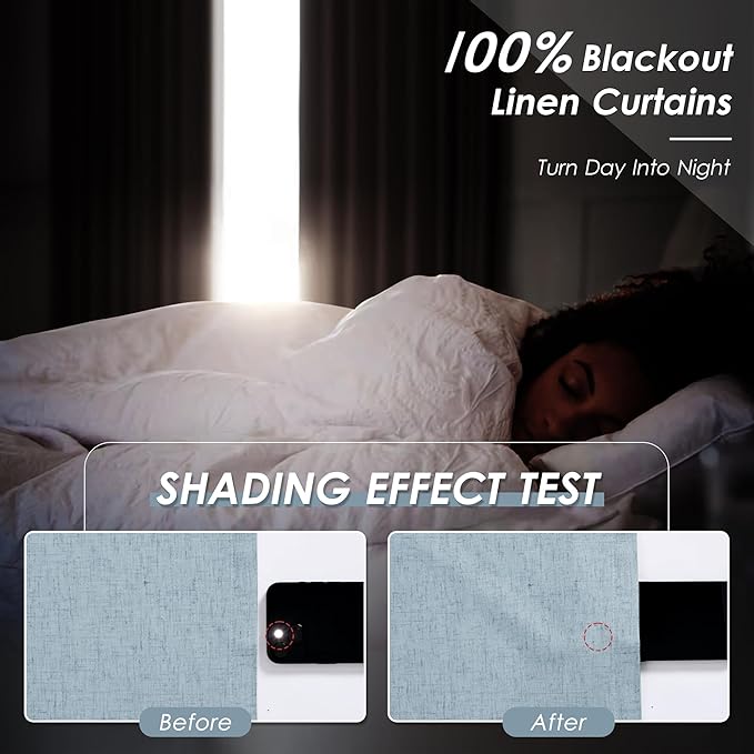 100% Blackout Linen Curtains 90 inch Length 2 Panels for Living Room Loop Pocket Pinch Pleated Black Out Drapes Blue Colored Heat Reducing Total Blackout Window Curtains for Bedroom 90 inches Long