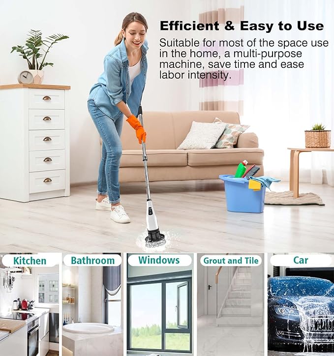 Electric Spin Scrubber, Cordless Cleaning Brush, Rechargeable Scrub Brush with 7 Replaceable Brush Heads, Adjustable Long Handle Power Scrubber for Bathroom Tile Bathtub Glass