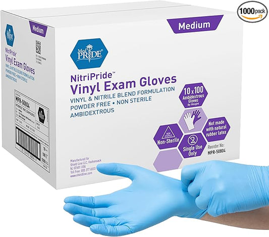 MED Pride Non-Latex Non-Sterile Single-Use Exam Gloves Medium 1000 - Powder Free, Latex Free & Rubber Free - Single Use Non-Sterile Protective Gloves for Medical Use, Cooking, Cleaning & More