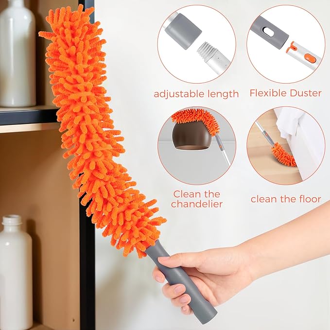 Ceiling Fan Cleaner Duster with 77'' Extension Pole, Reusable Chenille Fan Blade Brush and Duster Head kit, Flexible Ceiling Cleaner for Cobwebs, Wall, Sofa and Furniture（Orange）