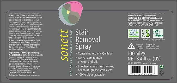 Sonett Organic Stain Removers Spray for clothes effective against fruit, Cocoa, Ballpoint, Grease stains for delicate textiles of Wool and Silk (6 Count)