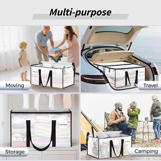 8 Pack Extra Large Heavy Duty Moving Bags, Clear Storage Bins with Lids, Reinforced Handles & Heavy-Duty Zippers Moving Boxes Storage Bags Totes for Clothes Packing, Dorms, College Supplies, Clear
