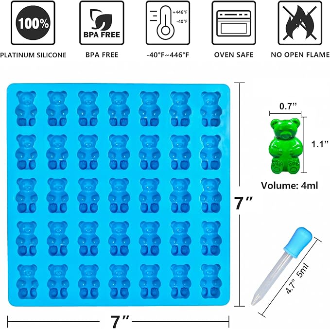 Large Gummy Bear Mold Candy Molds, Non-Stick Silicone Ice Cube Moulds Chocolate Molds BPA Free with 3 Droppers, Set of 3