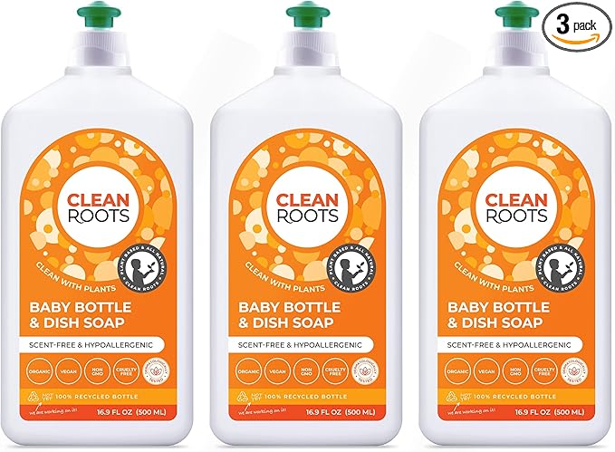Baby Bottle & Dish Soap – EcoGarantie Certified, 100% Plant-Based Formula, Made with Organic Ingredients, Scent-Free & Hypoallergenic – 16.9 fl oz (500 mL), Pack of 3