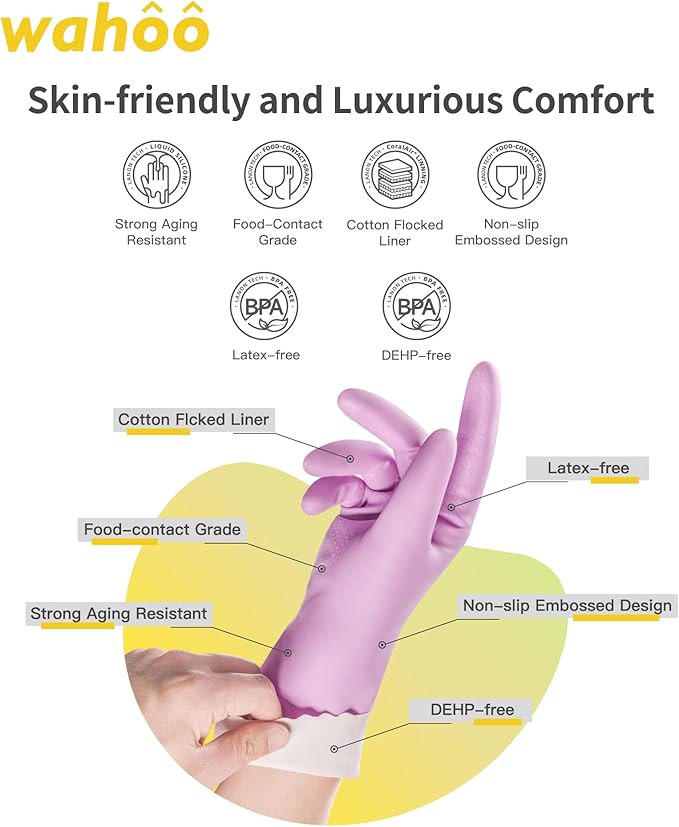 wahoo Skin-Friendly Cleaning Gloves, Reusable Dishwashing Gloves with Flocked Cotton Liner, Dishwashing, Kitchen, Mauve Mist, Large