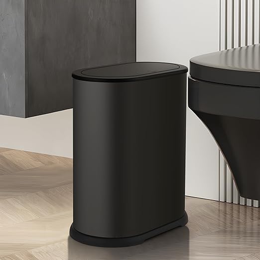 Anzoymx Stainless Steel Bathroom Trash Cans 1.8 Gallons Small Garbage Can with Pop up Lid, Metal Narrow Wastebasket, Slim Waterproof Litter Trash Bins Set for Bedroom, Toilet, Office (Black)