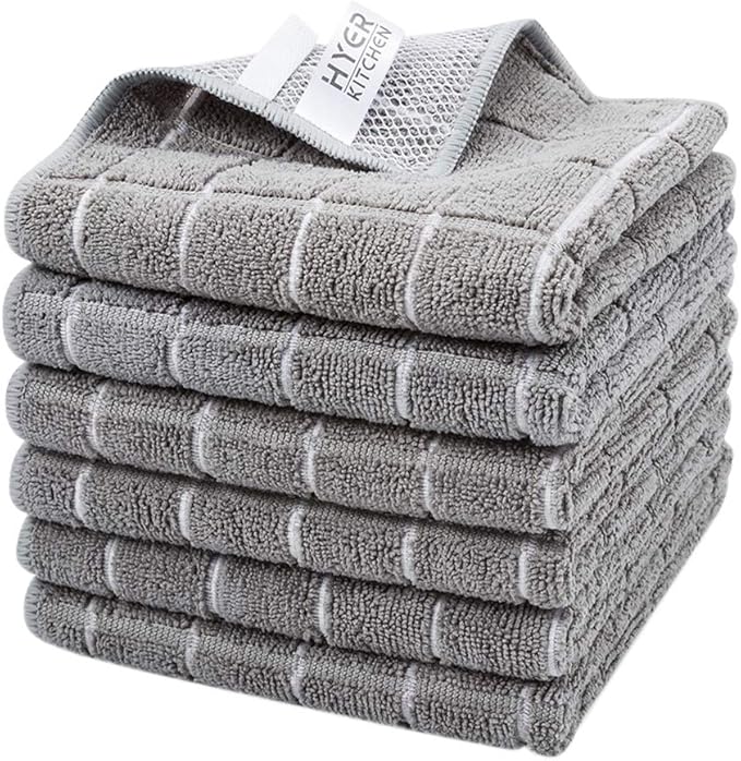 HYER KITCHEN Microfiber Kitchen Rags, Cleaning Cloth for Dishes, All-Purpose - Absorbent and Lint Free Household Dish Rags with Scrub Side, 6 Pack Size 12” X 12”