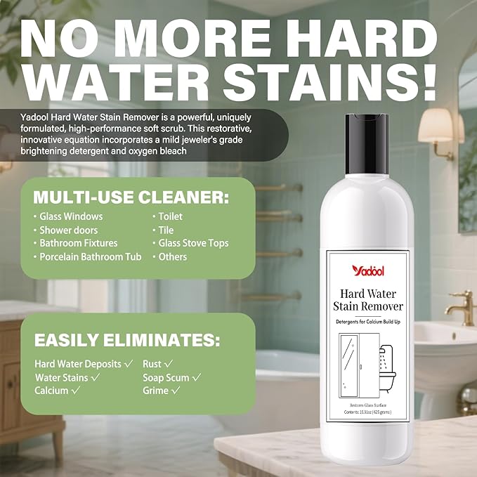 Hard Water Stain Remover, Powerful Shower Glass & Door Cleaner, Easily Removes Tough Water Spots, Lime, Calcium & Soap Scum Build Up, Ideal for Bathroom, Glass, Toilet Bowl and More - 16.91oz