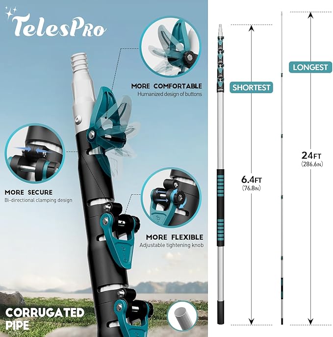 30 Foot High Reach Duster Kit with 6-24FT Extension Pole High Ceiling Dusting and Window Cleaning Kit with Telescopic Pole Window Washer&Squeegee,Cobweb Duster,Fan Duster and Feather Duster