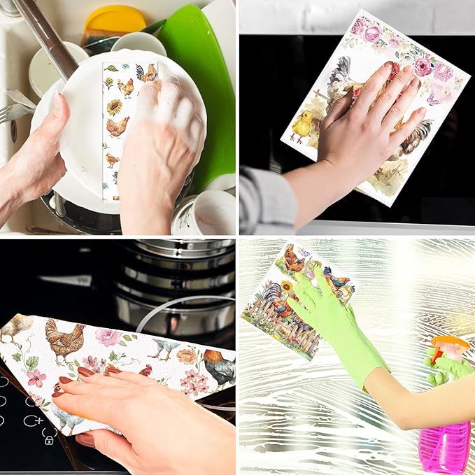 Chicken Swedish Dishcloths for Kitchen - 6PCS Chicken Swedish Cloths for Washing Dishes, Cute Rooster Reusable Dish Towels, Hen Washable Cleaning Sponge for Home Party Fast Drying