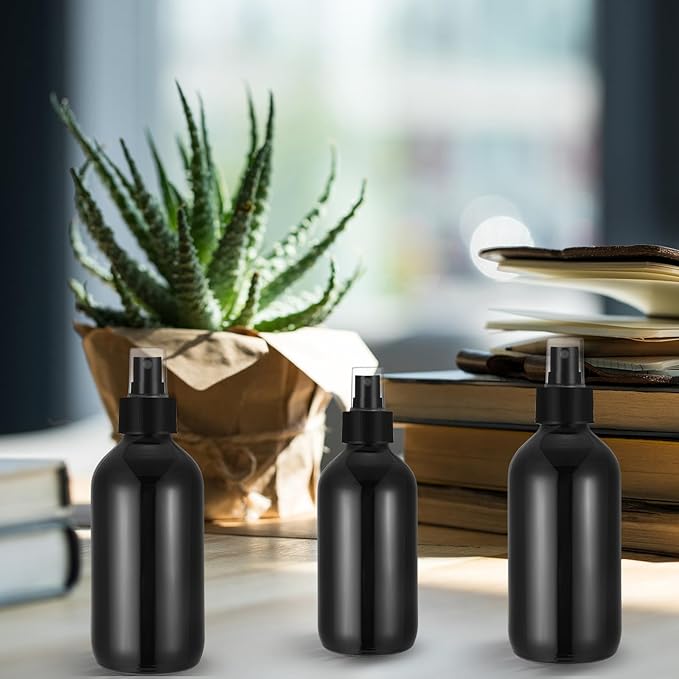 Norme 12 Pcs 8 oz Glass Spray Bottles with Funnels and Labels Refillable Cosmetic Empty Spray Bottles with Sprayer Containers for Essential Oil Cleaning Solutions(Black,Stylish)