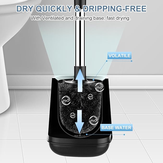 SetSail Toilet Brush and Holder, Self Closing Lid Toilet Bowl Brushes Holder and Extra Long Handle Ventilated Toilet Brush Set for Bathroom Cleaning, Nylon Bristles, 2 Packs-Black