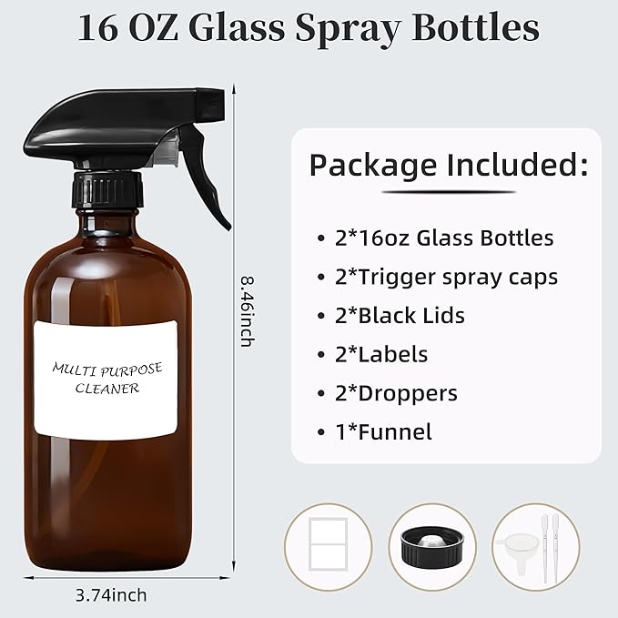 Amber Glass Spray Bottles 16 oz - Refillable Empty Spray Bottles for Cleaning, Essential Oils, Plants, Hair Mister - 2 Pack