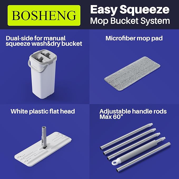 Mop and Bucket Set, Flat Mops for Floor Cleaning, Wall Mop with 60" Extensible Handle, Hardwood Floor Mop with 4 Microfiber Pads