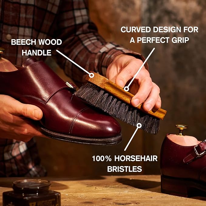 Premium Horsehair Shoe Polish Brush – Handcrafted Beechwood Shoe Brush for Shine and Buffing – Luxurious Shoe Shine Brush with Soft Horsehair Bristles (White)