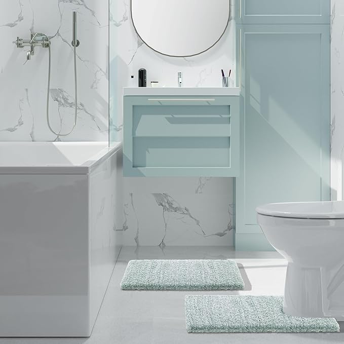 Yimobra Bathroom Rugs Sets 2 Piece, Soft Absorbent Bath Mat and U-Shaped Toilet Rug with Non Slip Backing, Machine Washable, Plush Bath Mats for Bathroom, 24"x17"+24"x20", Sky Light Blue & White