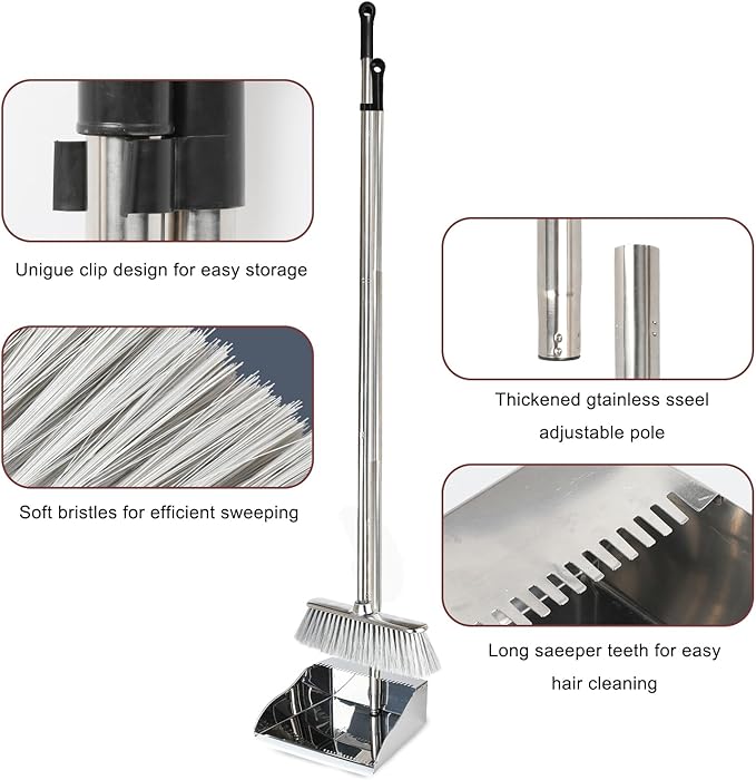 Metal Dustpan with Broom Set, Long Handle Stainless Steel Dustpan,Heavy Duty Standing Dust Pan with Teeth, Indoor Outdoor Up for Home Kitchen Lobby Room Office