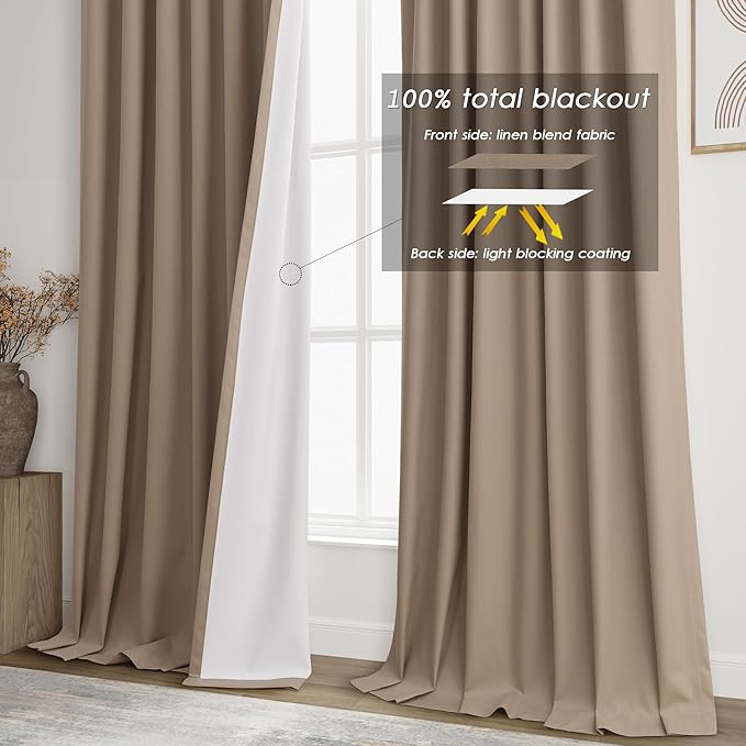 Tan Linen Blackout Curtains 120 Inch Length 2 Panels Set Extra Long 10 Ft Back Tab Pocket Drapes Thermal Insulated Total Blocking Curtains for Dining Room Cottage High Window Curtain 52x120 Inch