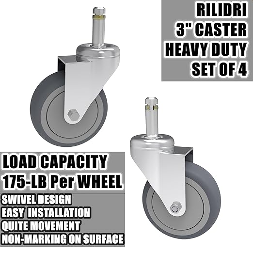 3-Inch Swivel Stem Caster, 7/16-Inch Stem Diameter Rubber Wheel, Heavy Duty TPR Replacement Wheels for Rubbermaid Mop Bucket Cart Grill Casters - 4 Pack