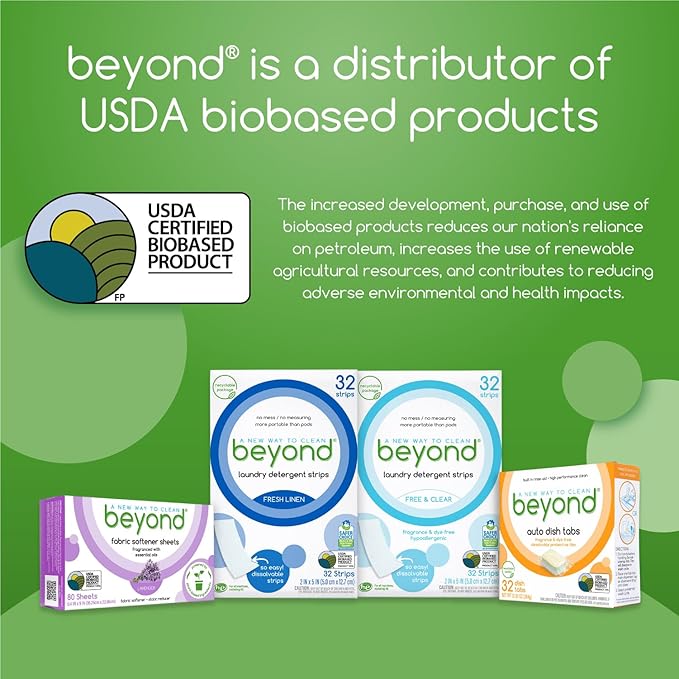 Beyond Fabric Softener Sheets (8 boxes of 80 sheets) - Lavender Scent - Eco-Friendly Plant-Based Dryer Sheets. Removes Static Cling. Recyclable Packaging.